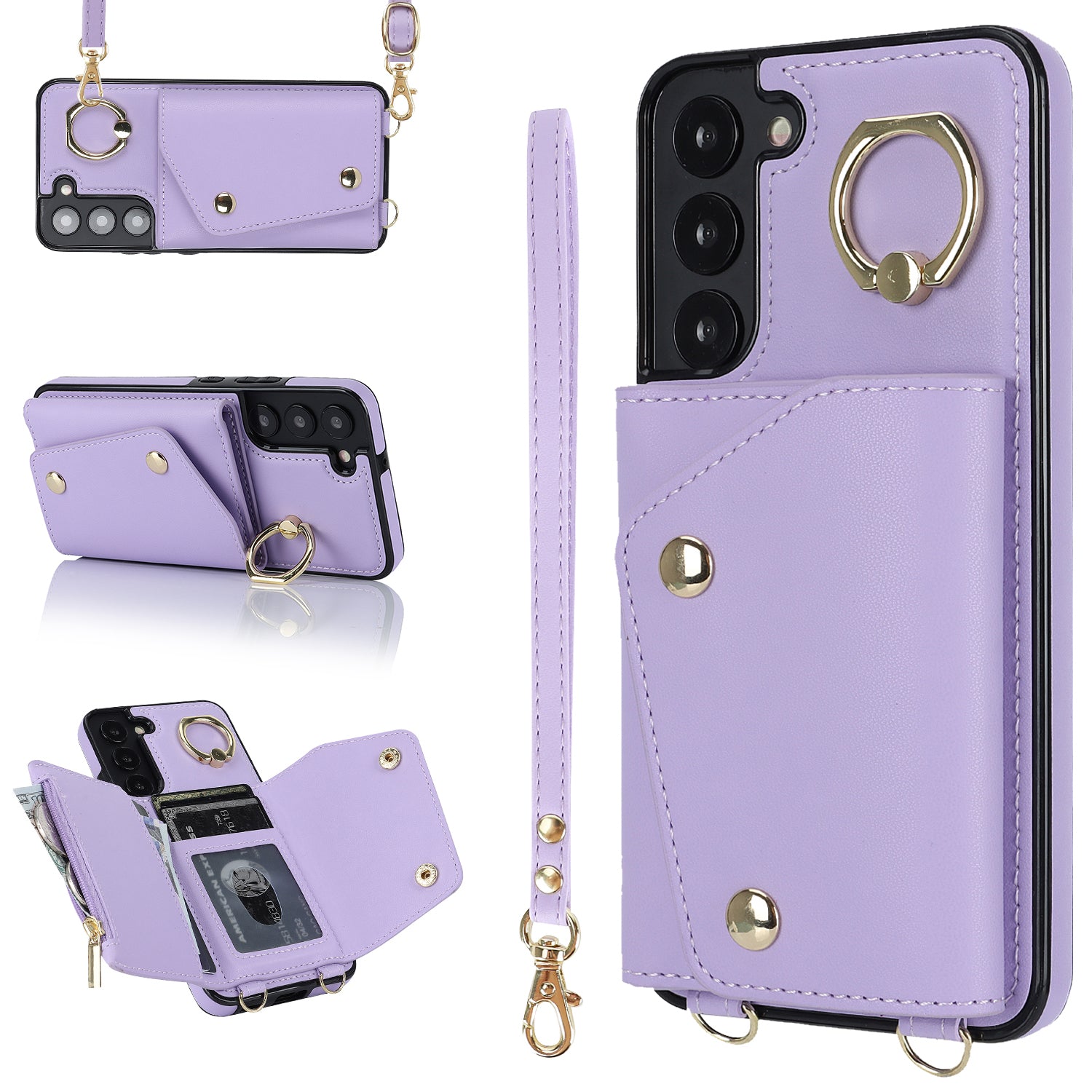 Zipper Wallet Phone Case for Samsung Galaxy S22 5G PU Leather Coated TPU Ring Kickstand Phone Cover Zipper Wallet Phone Case for Samsung Galaxy S22 5G PU Leather Coated TPU Ring Kickstand Phone Cover